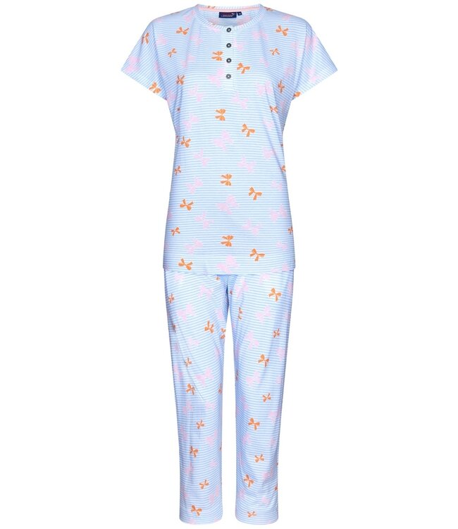 Rebelle gestreepte katoenen single jersey pyjama met knopen, korte mouwen en capri broek'pretty bows & stripes'