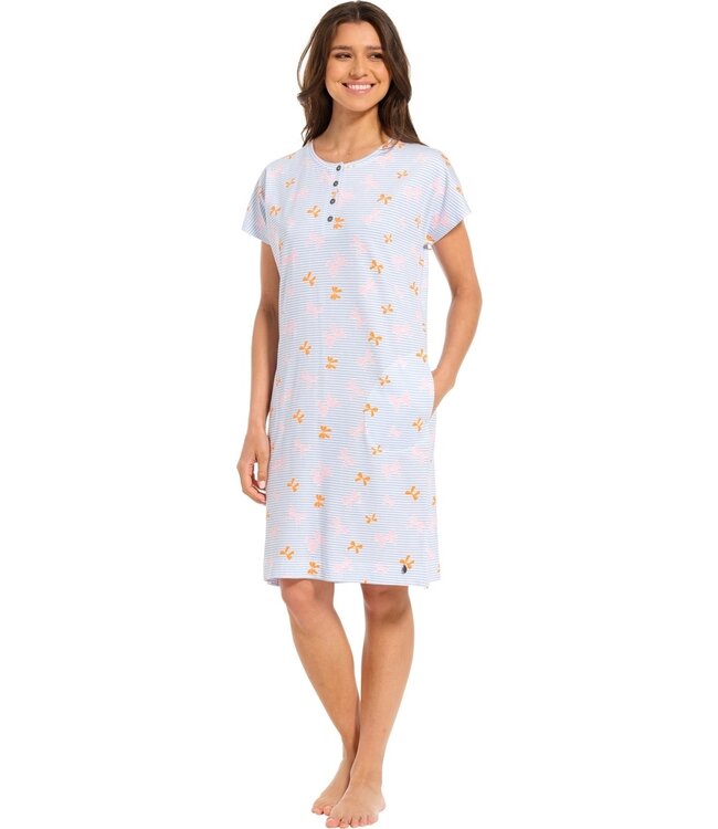 gestreept katoenen single jersey nachthemd met knoopjes en korte mouwen 'pretty bows & stripes'