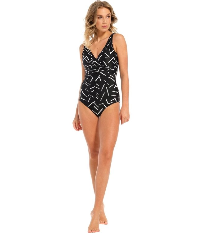 black soft cup swimming costume 'monochrome dashes'