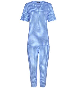 Pastunette Deluxe ladies short sleeve luxury blue 3/4 pyjama with buttons 'little white flowers'