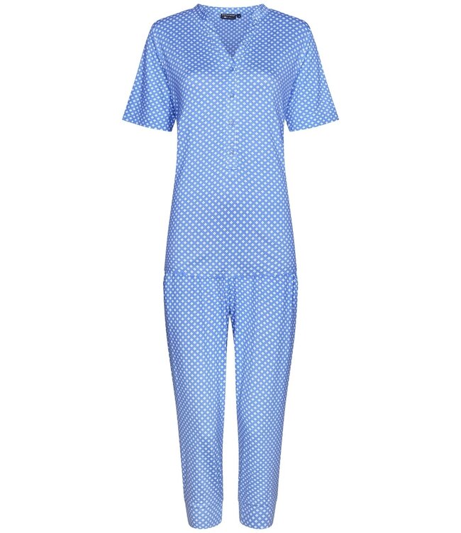 Pastunette Deluxe ladies short sleeve luxury blue 3/4 pyjama with buttons 'little white flowers'