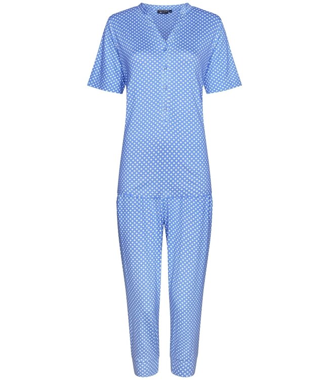 Pastunette Deluxe luxe, blauwe damespyjama met korte mouwen, knoopjes en capri broek 'little white flower'