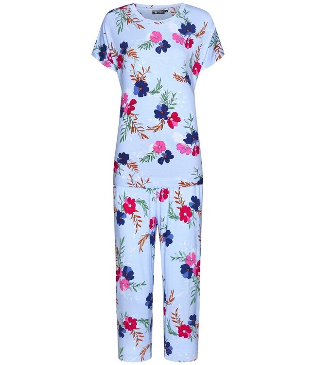 Pastunette Deluxe luxe damespyjama 'pretty garden flowers' van viscose-elastan met korte mouwen en capri broek