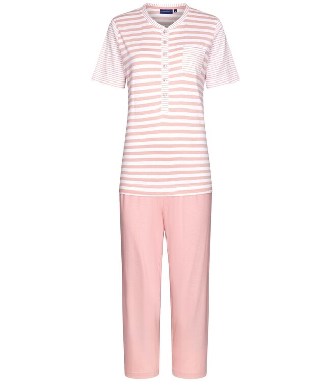 Pastunette gestreepte katoenen damespyjama met korte mouwen en knopen 'stripey pink'