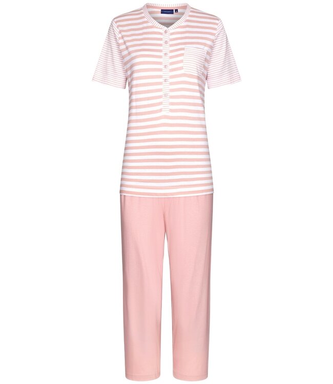 Pastunette ladies short sleeved striped cotton pyjama set with buttons 'stripey pink'