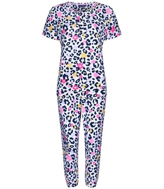 Rebelle dames pyjama van biologisch katoen met knoopjes, korte mouwen en capri broek 'hidden chic flower'