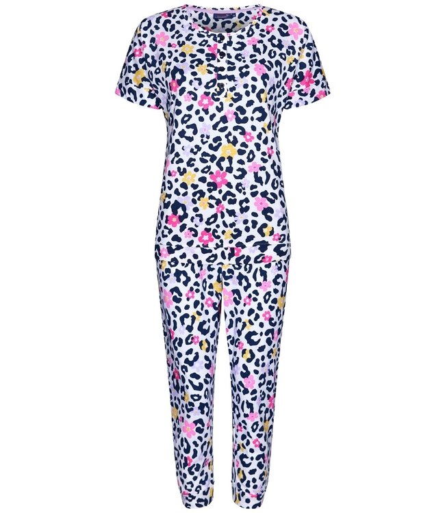 Rebelle dames pyjama van biologisch katoen met knoopjes, korte mouwen en capri broek 'hidden chic flower'