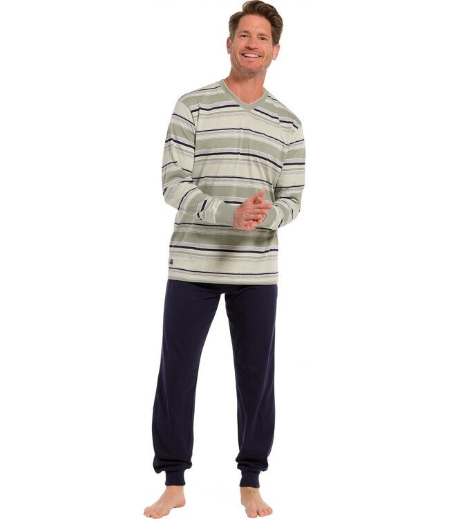 mens long sleeve 'v' neck cotton pyjama set with cuffs 'mixed green stripes'