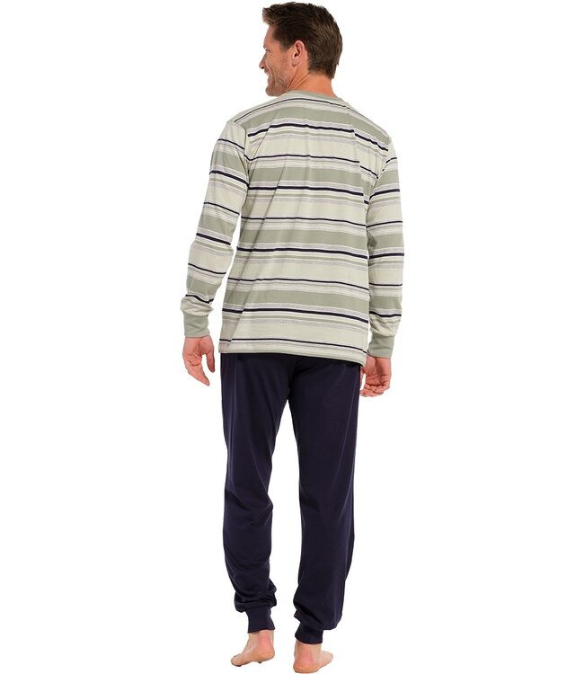 mens long sleeve 'v' neck cotton pyjama set with cuffs 'mixed green stripes'