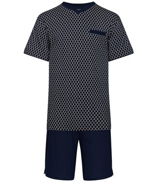 Pastunette for Men mens short sleeve cotton-modal dark blue 'v' neck shorty set 'symmetrical shapes'