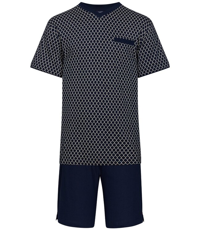 Pastunette for Men mens short sleeve cotton-modal dark blue 'v' neck shorty set 'symmetrical shapes'