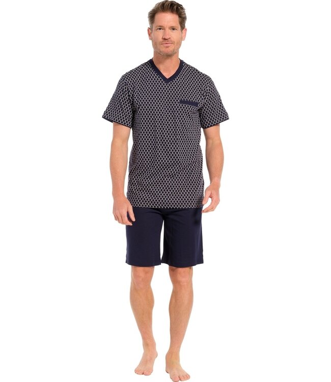 donkerblauwe, katoen-modal 'v'-hals heren shorty set 'symmetrische vormen'