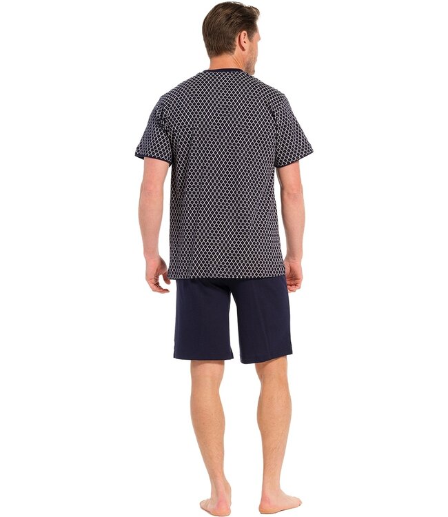 donkerblauwe, katoen-modal 'v'-hals heren shorty set 'symmetrische vormen'