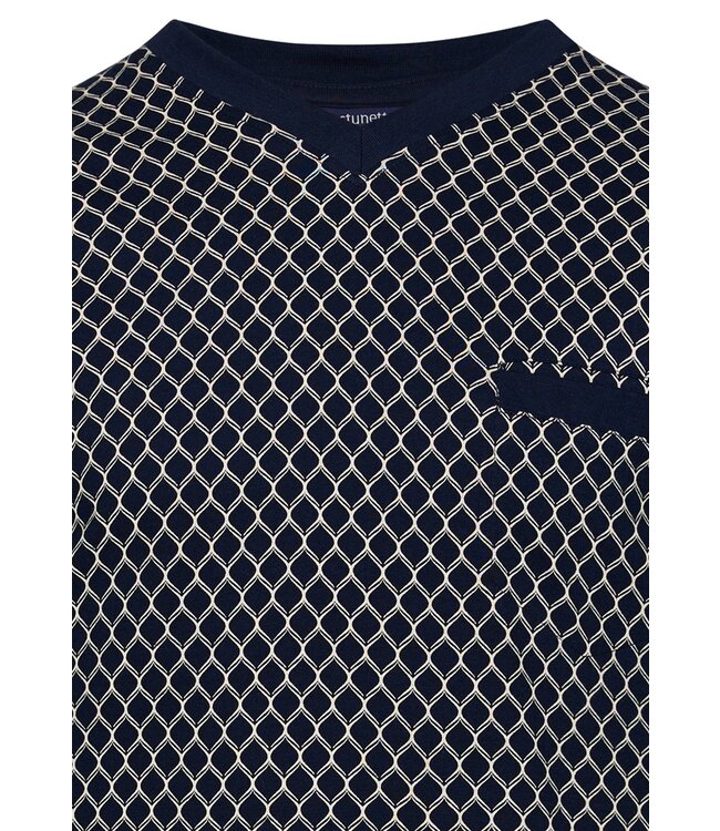 donkerblauwe, katoen-modal 'v'-hals heren shorty set 'symmetrische vormen'