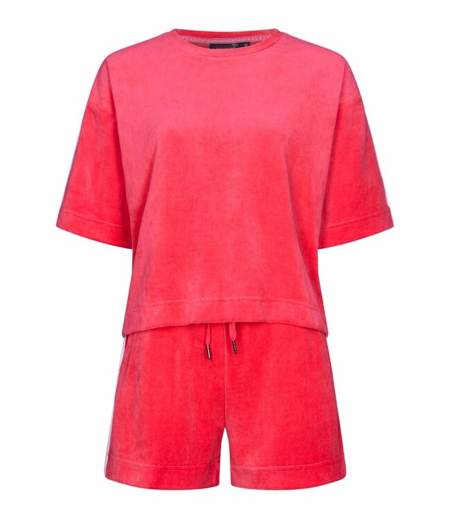 Rebelle raspberry pink short sleeve velvet lounge shorty set with pockets 'chic sporty stripe'