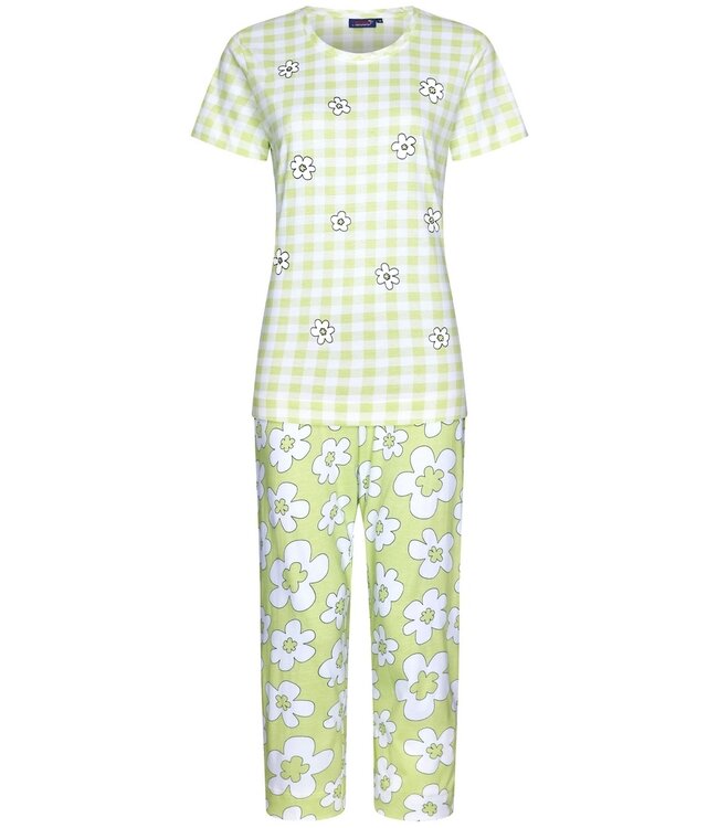 Rebelle dames pyjama van biologisch katoen met korte mouwen en 3/4e capri broek 'fabulous fresh flower'