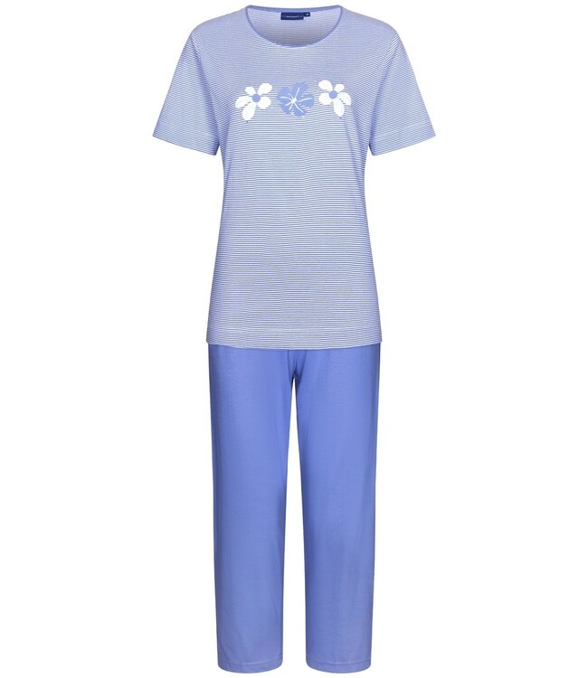 Pastunette dames pyjamaset van biologisch katoen met korte mouwen en capri broek 'flowery stripes'