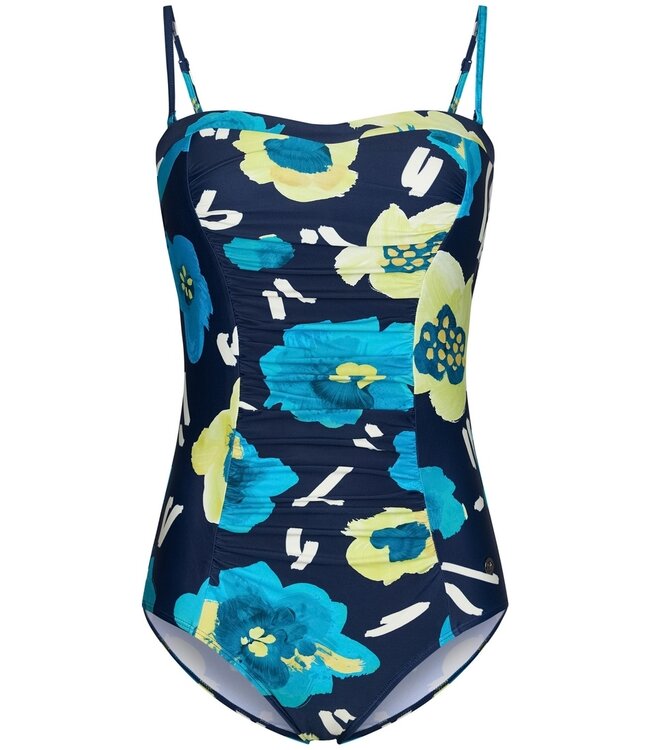 Pastunette Beach blauw damesbadpak met soft cups, bloemenprint en verstelbare en afneembare bandjes 'floral blue blooms'