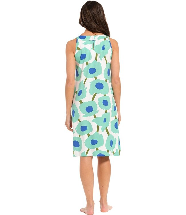 ladies sleeveless beach dress with flattering front 'beach blue blooms'