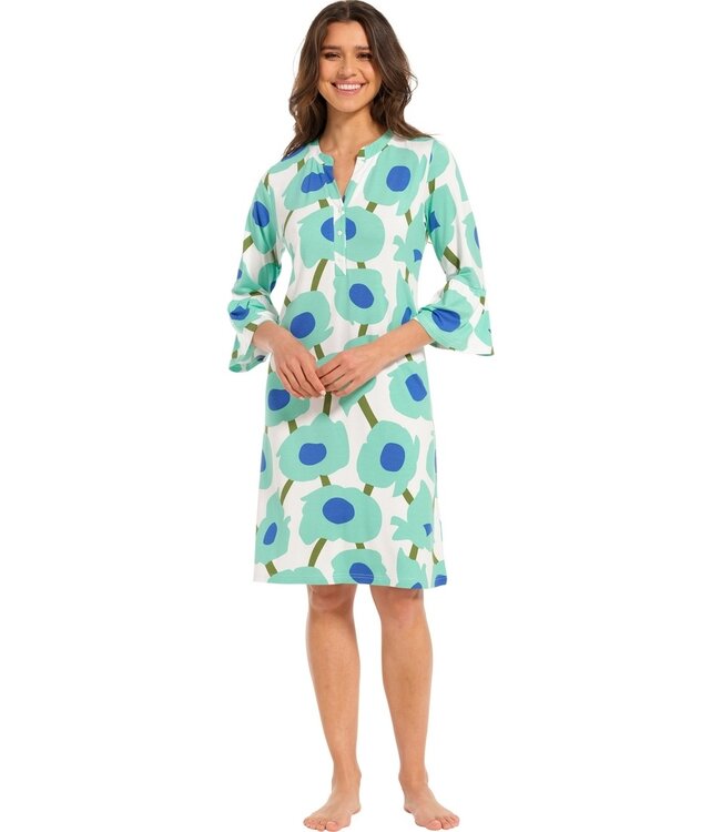 ladies beach shirt dress with flared sleeves 'beach blue blooms'