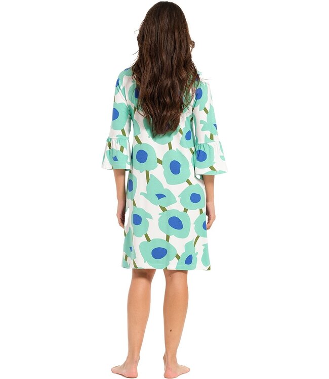 dames strand shirt/jurk met wijd uitlopende mouwen 'beach blue blooms'