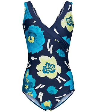 Pastunette Beach blauw damesbadpak met soft cups en bloemenprint 'floral blue blooms'