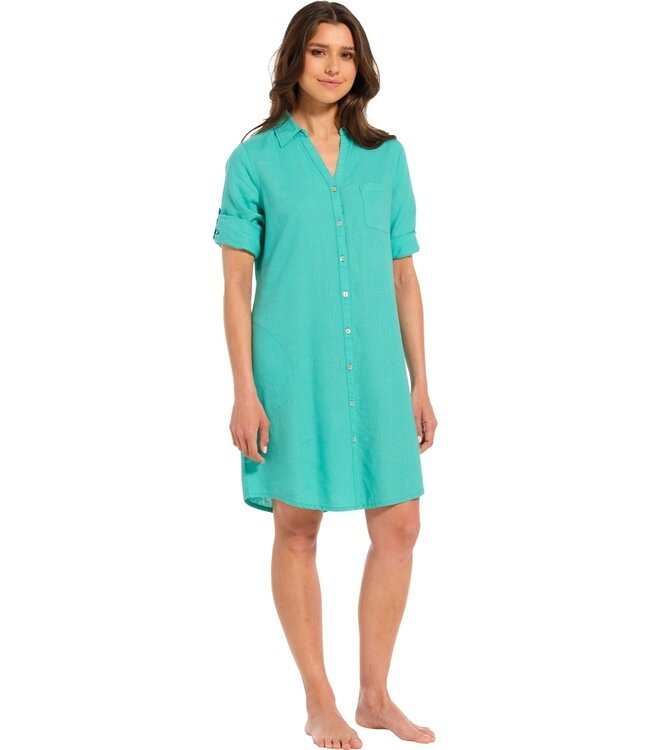 aqua zeeblauw, doorknoop geweven strandshirt, mouwen met mouwophouders 'sunny day'