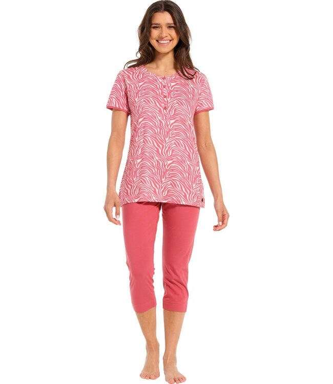 ladies short sleeve cotton single jersey 3/4 pyjama set with buttons 'just wild'