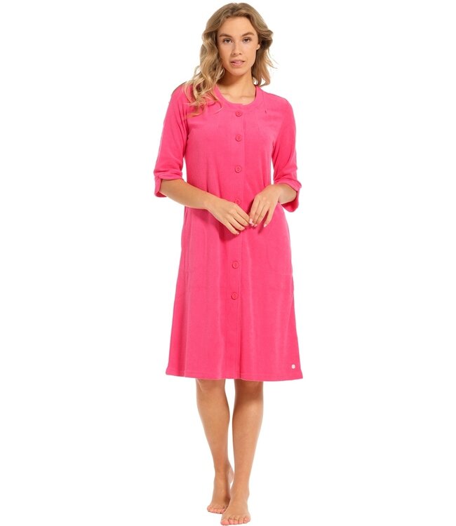 ladies pink full button 3/4 sleeve summer cotton-terry morninggown