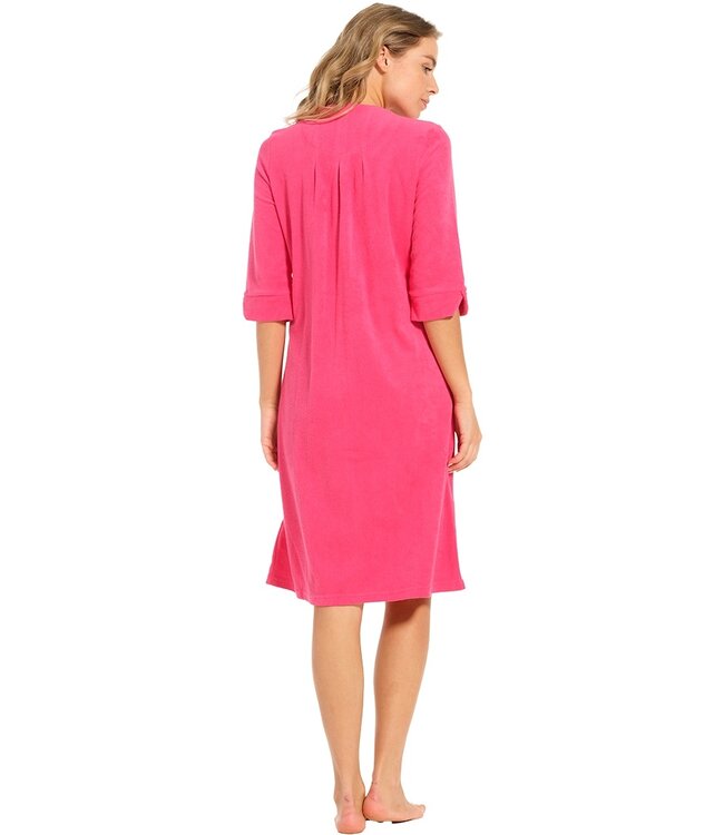 ladies pink full button 3/4 sleeve summer cotton-terry morninggown