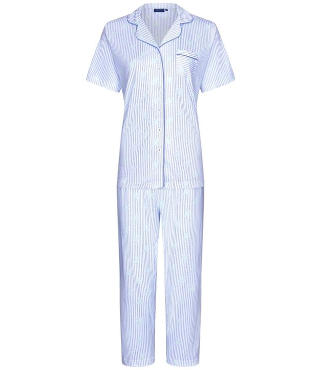 Pastunette damespyjama van biologisch katoen met knoopjes, korte mouwen en 3/4e capri broek 'flowery strepen'