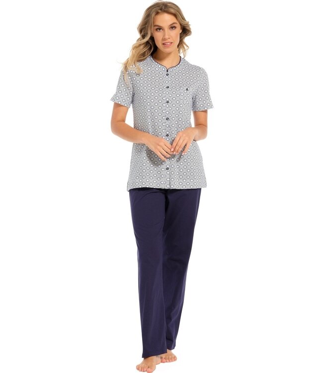 ladies short sleeve full button cotton pyjama set 'geometric diamond'