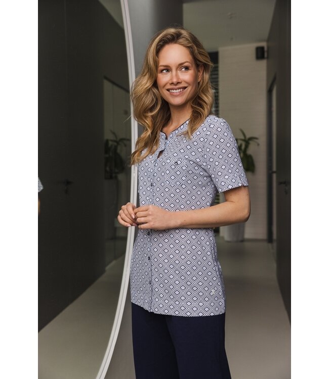 ladies short sleeve full button cotton pyjama set 'geometric diamond'