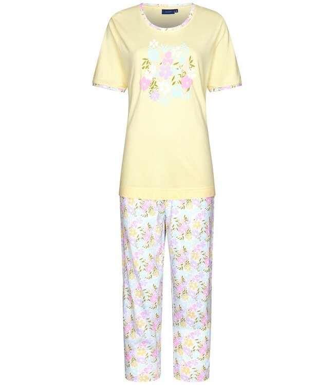 Pastunette ladies short sleeve organinic cotton 3/4 pyjama 'blossoms yellow'