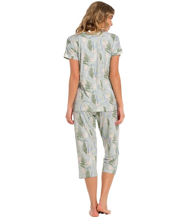 dames pyjama van bamboe-elastan mix met korte mouwen en 3/4e capri broek 'outdoor life'