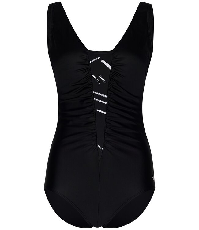 ladies black soft cup swimming costume 'monochrome dashes'