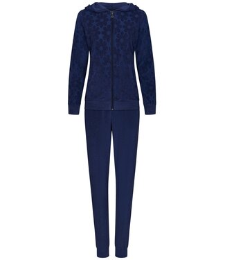 Rebelle midnight blue embossed cotton-terry lounge homesuit with hood 'fabulous flower'