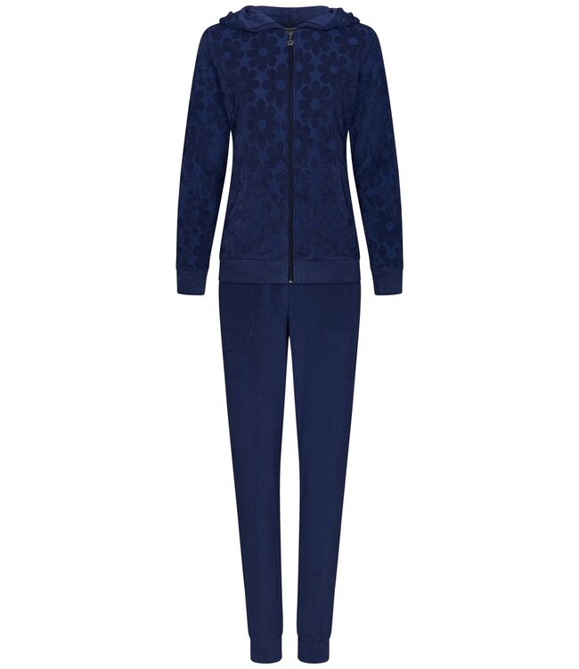 Rebelle midnight blue embossed cotton-terry lounge homesuit with hood 'fabulous flower'