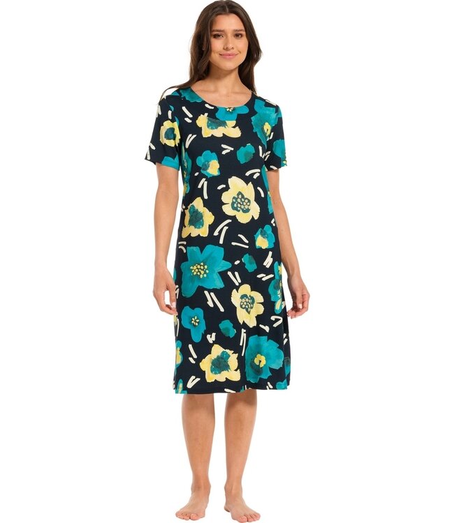 blauwe strandjurk met korte mouwen en bloemen 'floral blue blooms'