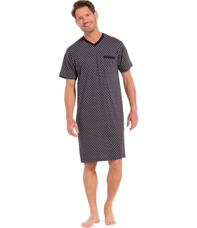 donkerblauw katoen-modal heren nachthemd met v-hals, korte mouwen 'symmetrische vormen'