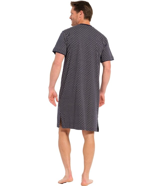 donkerblauw katoen-modal heren nachthemd met v-hals, korte mouwen 'symmetrische vormen'