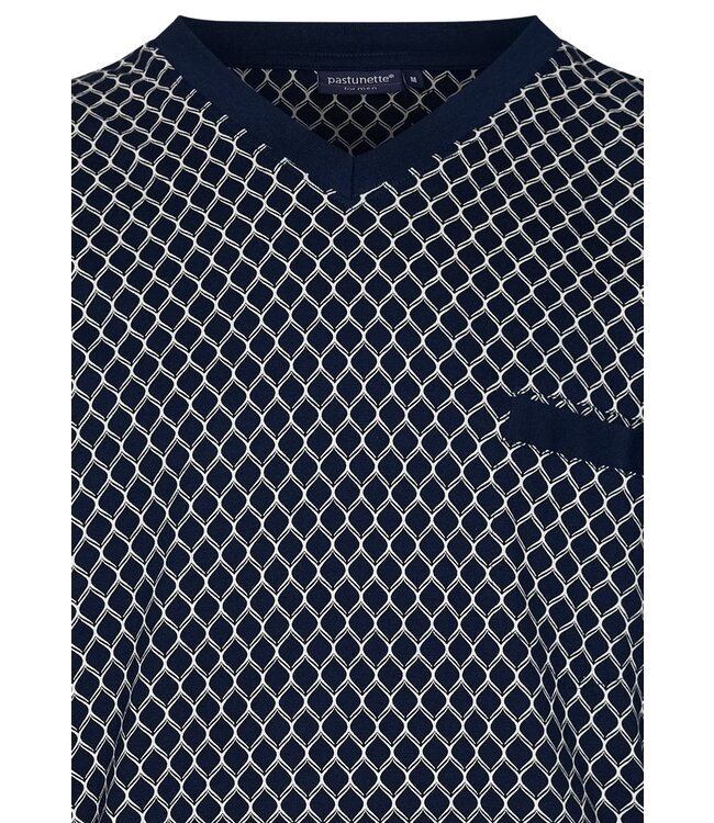 donkerblauw katoen-modal heren nachthemd met v-hals, korte mouwen 'symmetrische vormen'