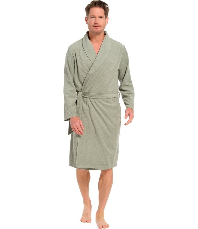 men's light green cotton-jacquard terry mix wrap-over morning gown with belt