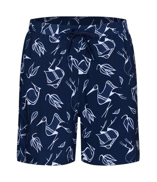 Pastunette Beach dark blue swim shorts with elasticated tie-waist 'crane birds'