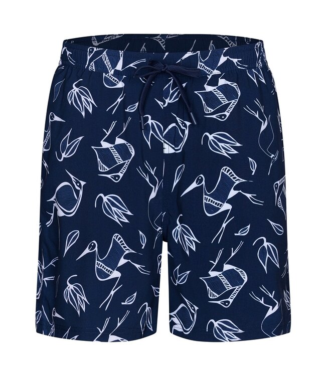 Pastunette Beach dark blue swim shorts with elasticated tie-waist 'crane birds'