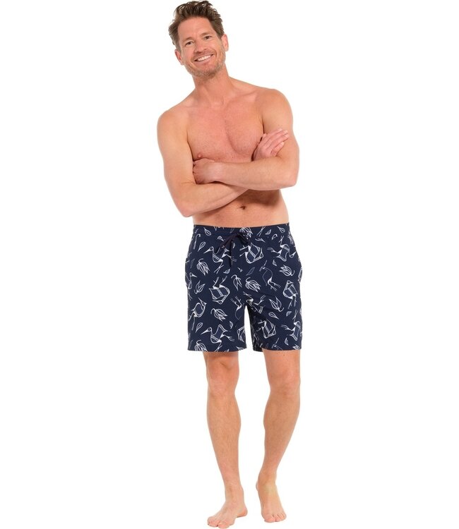 donkerblauwe zwemshort met elastische taille met koord 'crane birds'