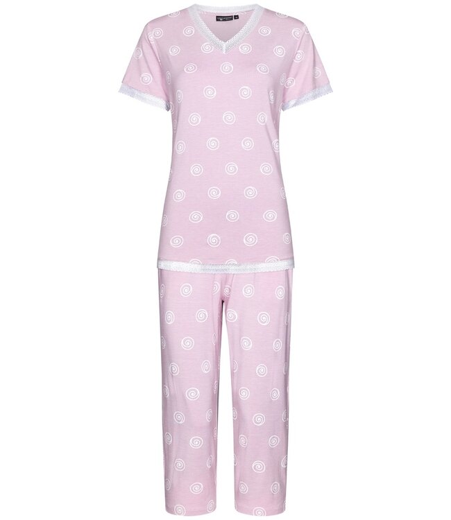 Pastunette Deluxe ladies 'v' neck short sleeve 3/4 pyjama 'pretty pink & lace'