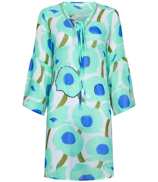 ladies lightweight 'see through' beach shirt with flared sleeve 'beach blue blooms'