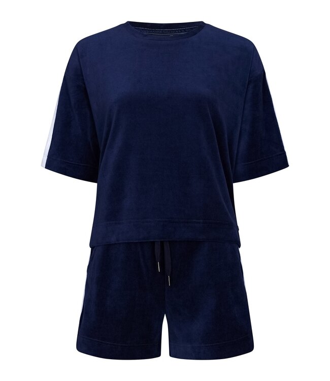 Rebelle midnight blue short sleeve velvet lounge shorty set with pockets 'chic sporty stripe'