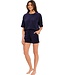 donkerblauwe velours lounge shorty set met korte mouwen en zakken 'chic sporty stripe'